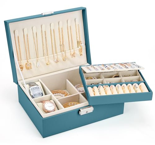 Sofore Boîte à Bijoux pour Femme, Grande Coffret à Bijoux à 2 Couches Avec 2 Coussins de Montre, Cuir Pu Organiseur de Bijoux de Voyage Pour Boucles Doreilles Bagues Colliers Montre, Vert Foncé