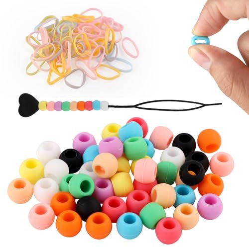 50stk Silikon Haarperlen, Weiche Pony Perlen für Haar Weiche Haarperlen mit Elastischen Haarbändern Haarperlennadel Haarperlen-Set für Kinder Mädchen Frauen
