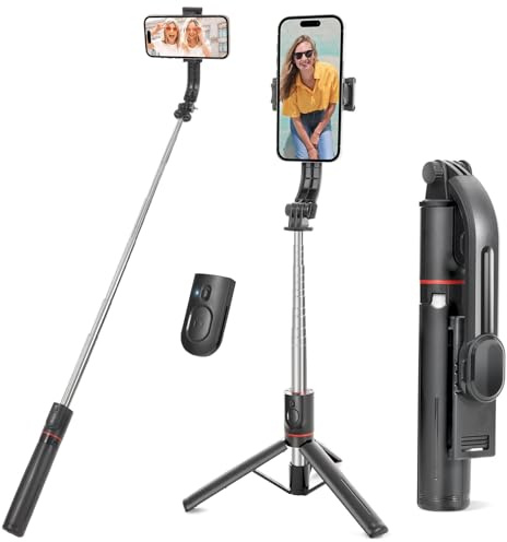 Treppiede per selfie stick, 114 cm, estensibile | supporto per cellulare girevole a 360° e telecomando senza fili | Compatibile con iPhone, Samsung, smartphone Android e fotocamera | Portatile e