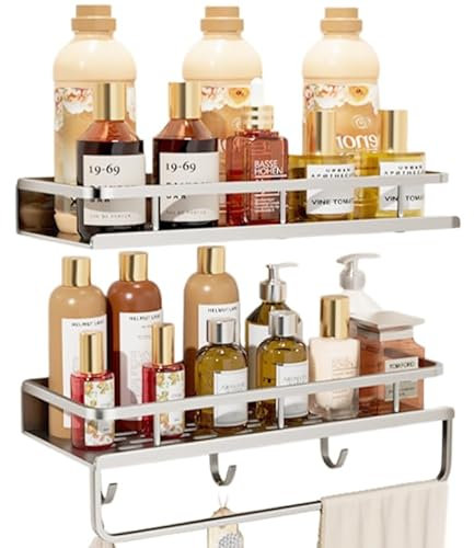 Anseom 2 Pezzi Mensola Doccia Senza Foratura Mensole Bagno Organizzatore Autoadesivo Porta Shampoo Doccia Portaoggetti Doccia con 3 Ganci Removibili Accessori Bagno Grigio