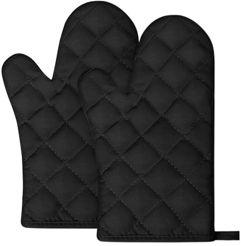 AUAUY Guanti da Forno, Guanti da Barbecue, Addensare Guanti da Forno a Microonde, Presine da Cucina Morbida in Cotone per Arrostire, Cuocere, Grigliare, Cuocere al Forno (Nero)