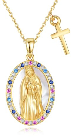 URONE Jungfrau Maria Kette Sterling Silber 18 Karat Gelbgold Plattiert Virgen De Guadalupe Kreuz Anhänger Halskette Christlicher Schmuck für Damen