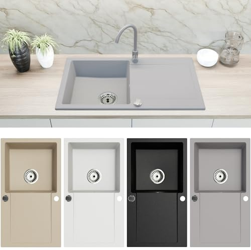 Faizee Home | Granitspüle 90x50 cm – Reversibles Spülbecken mit Abtropffläche inkl. Siphon & Drehexzenter | Kratzfest, hitzebeständig & für 45 cm Unterschränke (Grau)
