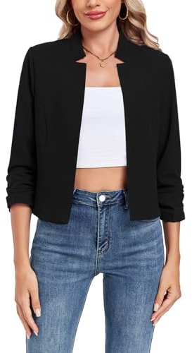 MINTLIMIT Women's Cropped Blazer Casual 3/4 Sleeve Stand Collar Blazers Open Front Work Office Cardigan Suit Jackets