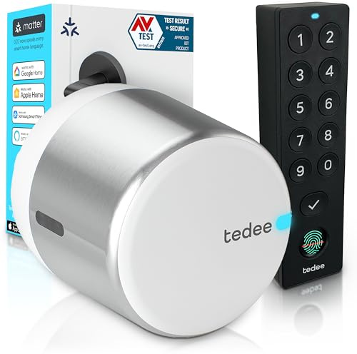 tedee Lock GO 2 Aluminium Set |smartes Türschloss Silber|biometrisches Tastenfeld Schwarz | Smart Home iOS, Android |Bluetooth| Motorschloss | PIN+Fingerprint | keine Installationshardware