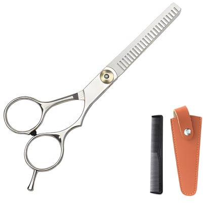 Tijeras Entresacar Peluqueria,Tijera de Cortar el Pelo Acero Inoxidable,Tijeras de Corte de Cabello Profesionales con Peine y Estuche de Cuero para Hombres Mujeres Adultos Tijeras de Barba Cortapelos
