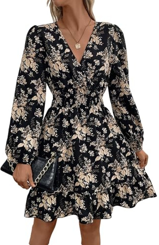 SweatyRocks Damen Kleid Elegant Langarm Wickeln Kleider mit V-Ausschnitt Blumenmuster Freizeitkleid A-Linie Causalkleid Blusenkelid Schwarz L