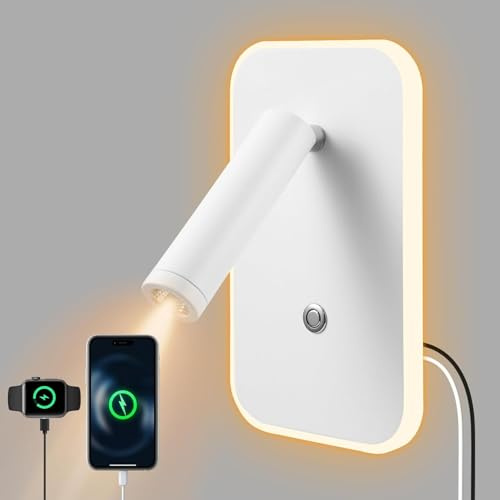 Gxpjycfob LED Wall Lights with USB Charging Port, Adjustable Reading Light with Switch and Touch Button, Dimmable Modern Bedside Wall Lamp for Bedroom Living Room (Square White)