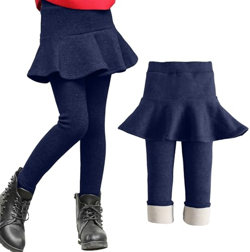 JiAmy leggings för flickor fleecefodrade leggings med volang kjol vinter varm byxkjol för flicka 3-12 år, BLÅ, 11-12 År