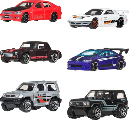 Hot Wheels Silver Series Calles de Japón Pack de 6 | Set de 6 coches de juguete japoneses de metal a escala 1:64 con decoración premium, JLB23