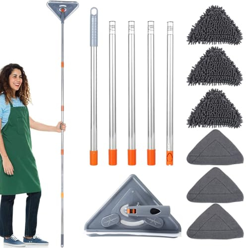 GWCYMYD Triangle Cleaning Mop, Adjustable Extendable Wall Cleaning Mop with 6 Mop Head, 360 Degree Rotatable Wall Cleaner, Dry and Wet Glass Dust Cleaner for Floor Ceiling Window