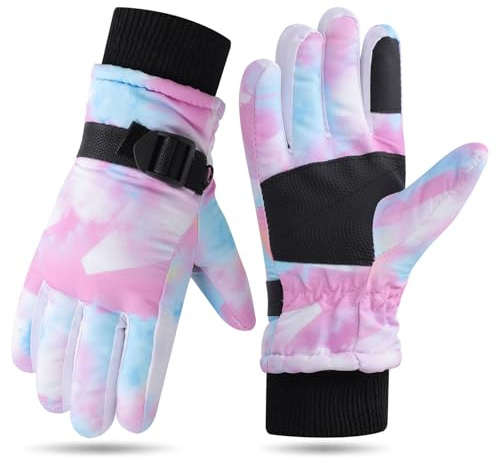 Kids Ski Gloves Waterproof Thermal Snow Gloves for Girls Aged 5-15, Windproof Non-Slip Winter Mittens with Adjustable Cuffs, Warm Snowboard Mittens for Sledding Skating Outdoor Sports (5-9 years)