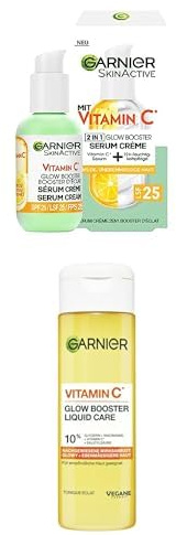 Garnier Vitamin C Glow Booster Set für strahlende Haut, Serum Crème LSF 25 & Liquid Care – Für strahlende, ebenmäßige Haut mit intensiver Feuchtigkeit & Sonnenschutz, gegen Müdigkeitszeichen, 2er Set