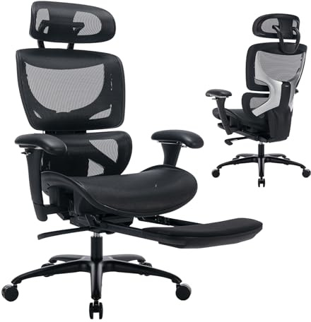 COLAMY Ergonomischer Premium-Bürostuhl mit ausziehbarer Fußstütze – Verstellbare Kopfstütze & 3D-Armlehnen, Lendenwirbelstütze und Atmungsaktives Mesh für Büro & Home Office, Schwarz