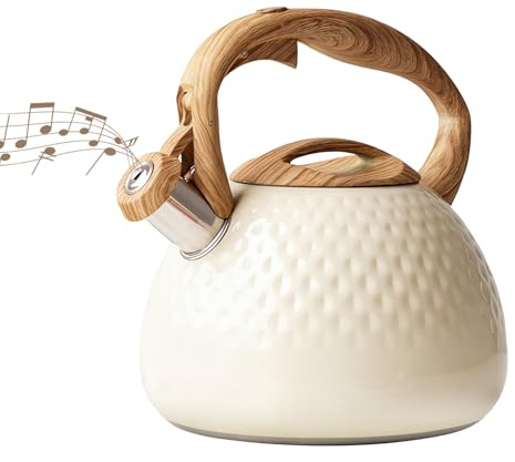 Stove Top Kettle, Yolispa 3L Stainless Steel Whistling Tea Kettle with Wood Pattern Handle, Gas Hob Kettle for Tea and Coffee, Camping Kettle for Induction, Hob, Gas
