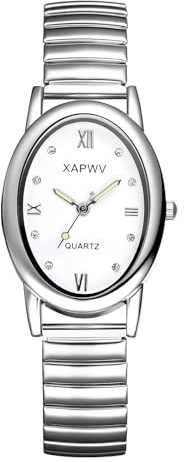 JewelryWe Women's Oval Elastic Watch: Easy Read Roman Numerals and CZ Hour Markers Luminous Hands Watches Stainless Steel Expansion Strap Analog Quartz Wristwatch