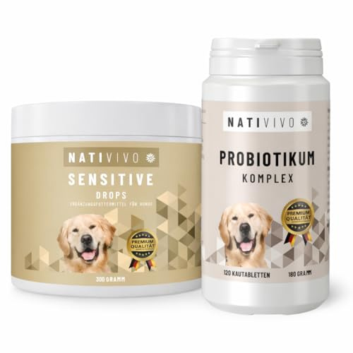 NATIVIVO Darmwohl Set Probiotika Hund + Sensitive Drops Made in Germany | Für empfindliche Hunde - Unterstützt Immunsystem & Verdauung - Hypoallergen, getreidefrei - 120 Tabletten + 300g Drops