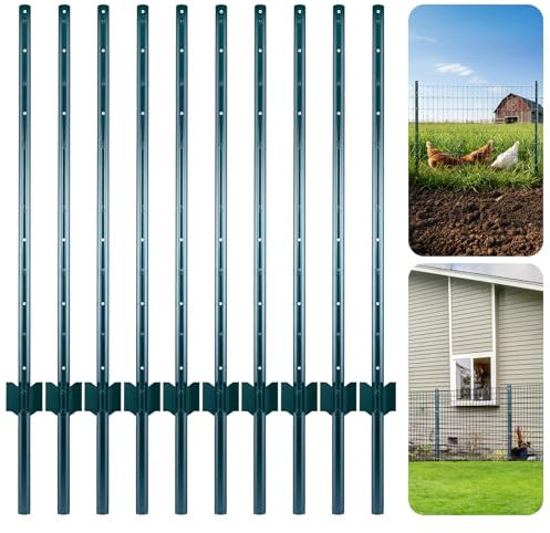 Minifactory Metal Fence Posts 4FT & 5FT, Pack of 10 - No Dig Steel Garden U Posts with Green Rust-Resistant Coating for Wire Fencing, Chicken Wire & Yard Borders (4ft)