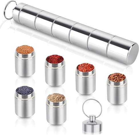 Gewürzstreuer Camping 5 in 1, 6 Stück Tragbare Gewürzdosen Camping Gewürze Set Wasserdichte Mini Salzstreuer für Unterwegs Outdoor Picknick BBQ Reise Gewürze Zubehör
