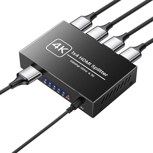 NEWCARE HDMI-splitter 1 i 4 out, 4K hdmi distributör 1 i 4 ut samtidigt, Hbelyst distributör 1 i 4 out, 4 bildskärmar samtidigt Full HD HDTV Blu-Ray DVD (Inte Extended Display)
