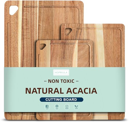 HOMKULA Acacia Wood Chopping Boards for Kitchen Non Toxic, Reversible Wooden Cutting Board with Juice Groove, Wooden Chopping Board for Meat, Vegetables and Fruits, Set of 3 (S+M+L)