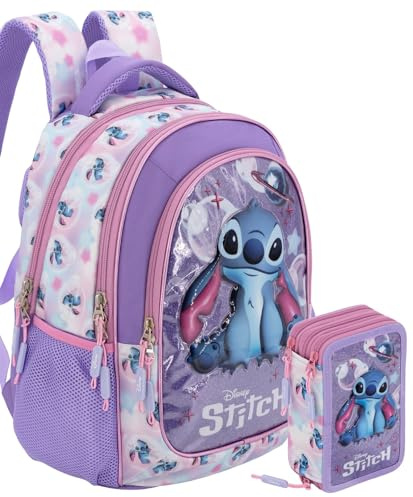 Pack Rentrée Scolaire Fille pour Fans de Stitch - Sac à Dos École Primaire (Adaptable Trolley) + Trousse Garnie 3 Compartiments 46 Pièces - Set Assorti (6-11 Ans)