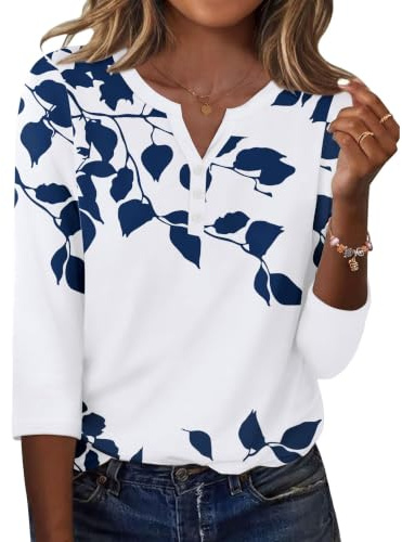Zeagoo Womens 3/4 Sleeve Tops Elegant V Neck Blouses Casual Tunic Shirts | Basic Henley Tshirt with Buttons Summer Business Tee for Ladies S-3XL