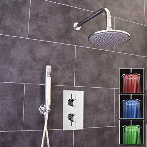 ECOSPA Concealed Twin Thermostatic Shower Mixer Valve in Chrome with 2 Outlets, 2 Round Handles and Round LED Overhead Drencher Plus Shower Handset Kit, Anti-Scalding Safety Feature, WRAS Approved