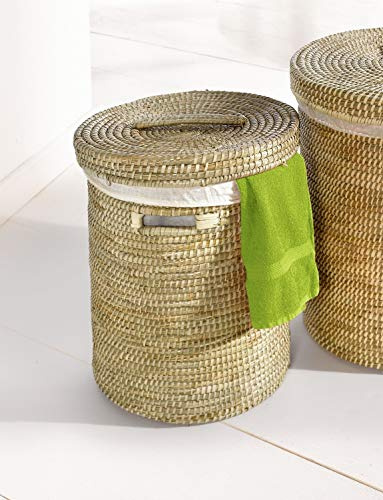 kleiner Wäschekorb aus Seegras, Ø 40 x 50 cm, Wäschesammler mit Deckel | Wäschetonne mit herausnehmbarer Textileinlage in Ceme, Schmutzwäsche-Behälter im Natur-Design
