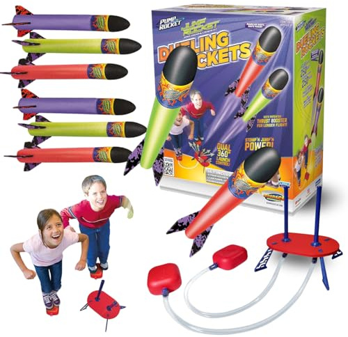 Geospace Jump Rocket Dueling Flying Rockets Set for Kids with 2 Air Pumps, 2 Swivel Launch Tubes, Launch Pad & 6 Foam Rockets that fly up to 250 feet! Great Outdoor Backyard Toy for Boys & Girls