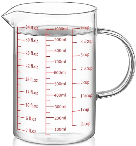 Luvan Glass Measuring Jug (1L, 4 Cup) for Kitchen or Restaurant, High Borosilica Material,Easy to Read