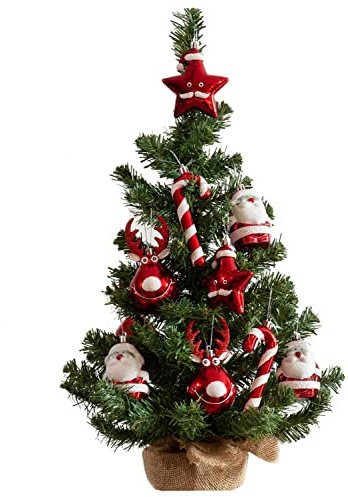 LS-LebenStil Deko Weihnachtsbaum 60cm Grün Rot geschmückt 10 Figuren Jute Sockel Tannenbaum Xmas Weihnachtsdeko Fensterbank Tisch-Deko innen Wohnzimmer Kinderzimmer