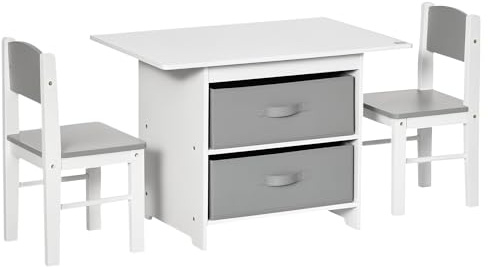 HOMCOM 3 Pcs Kids Table & Chairs Set Mini Seating Furniture Home Playroom Bedroom Dining Room w/Storage Drawers Safe Corners for 2-4 Years old White