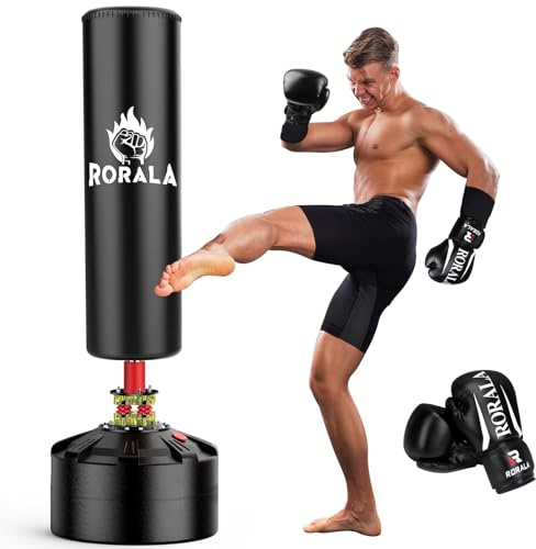 RORALA Boxsack mit Ständer, 178 - 92 kg, freistehender, schwerer Boxsack, inklusive 340 g Pro-Handschuhen für Erwachsene, Jugendliche, Herren, Kickboxsäcke (grau)