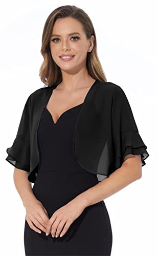 Women Shrug Soft Chiffon Open Front Sheer 3/4 Sleeve Bolero Cardigan for Evening Dress(Black,L)
