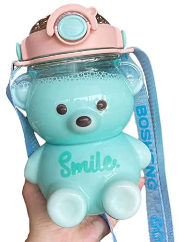 HUSHUI Kawaii Bär Strohflasche, tragbare Wasserflasche in Bärenform mit Strohhalm und Trageschlaufe, Trinkflasche mit verstellbarem Schultergurt Reisen im Freien