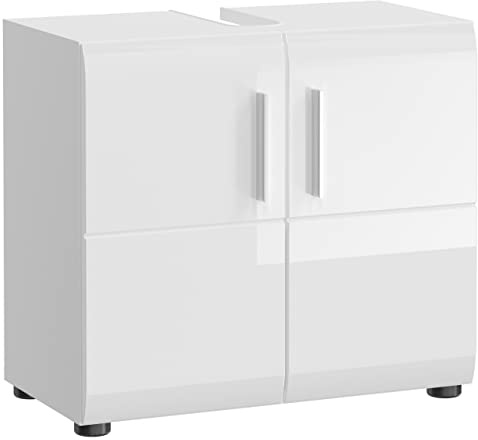 Newroom Waschbeckenunterschrank Weiß Hochglanz 60 cm modern Badezimmer | Siphonausschnitt, 2 Türen mit Einlegeboden, Stellfüße, Waschtisch, Badmöbel, Standschrank, für kleine Bäder