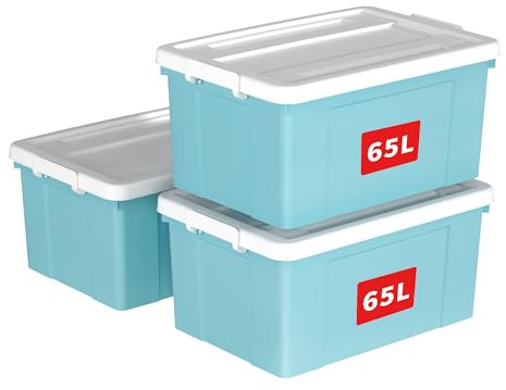Cetomo 65L*3 Caja de Almacenamiento con Ruedas, Caja de Plástico con Tapa y Cierre Seguro, Contenedor de Almacenamiento Grande, Duradera, Apilable, Resistentes, Azul, Paquete de 3 de 65L