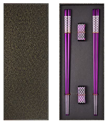 TIICOO Metall-Essstäbchen Wiederverwendbar 2 Paar Titan-Edelstahl-Essstäbchen mit Halter, Spülmaschinenfest Leichte Essstäbchen im Japanischen Stil Geschenkset (Purpur)