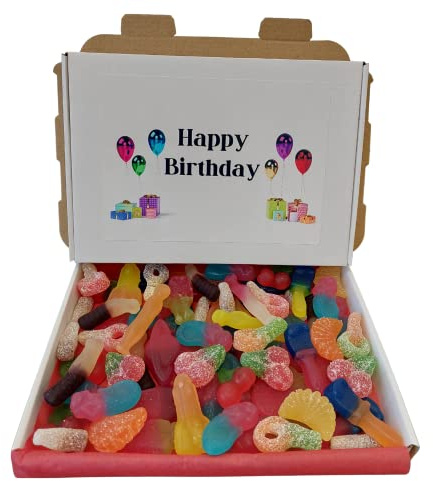 Happy Birthday vegan Pick N Mix Sweet Letterbox Gift box Hamper more than 10 Different Classic Traditional Retro Candy Fizzy - Non Fizzy Jelly mix 400g