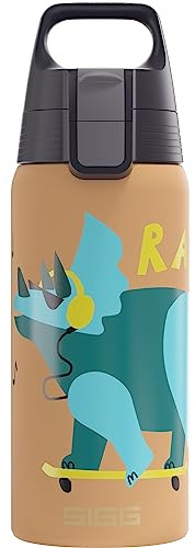 Sigg - Isolierte Trinkflasche Kinder - Shield Therm One Rawsome - Kohlensäuregeeignet - Auslaufsicher - Spülmaschinenfest - BPA-frei - 90% recycelter Edelstahl - Sandbraun mit Dinosaurier - 0,5L