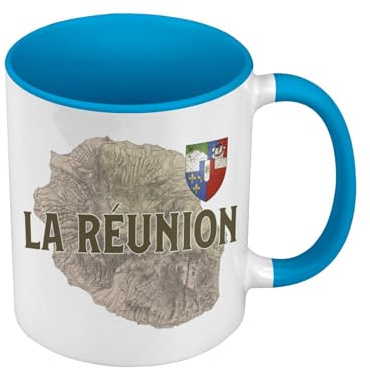 Fabulous Mug de Couleur Qualité Premium Bleu - La Réunion 974 Ile Departement Carte Ancienne France - Tasse avec anse et intérieur de couleur