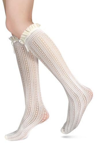 Benefeet Sox Transparenta nätstrumpor med spets och nätstrumpor i nylon för kvinnor och flickor, Benvita spetsvallar, One size