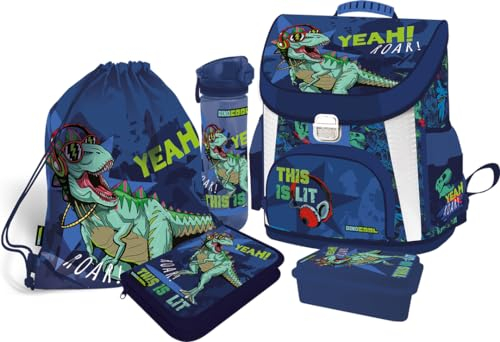 Dinosaurier DINO Schulranzen Junge 1 Klasse Schulrucksack Schultasche | Set 5 TLG. für Grundschule inkl. Federmäppchen, Turnbeutel,Trinkflasche, Brotdose
