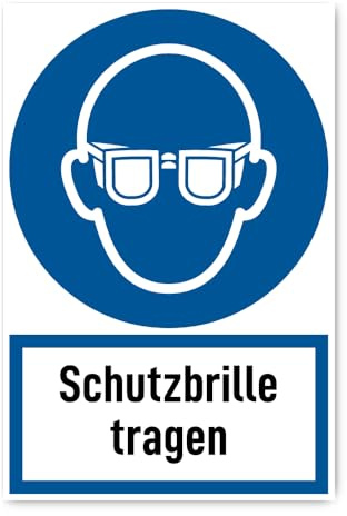 Aufkleber: 300x200 mm, 1 Stück - Schutzbrille tragen - Gebotszeichen mit Text (deutsch) (blau/weiß) - hochkant - M004 - DIN EN ISO 7010 / ASR A1.3