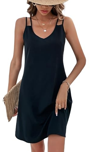 Hanaoops Robes d'été pour Femme Bretelles Spaghetti Col en V Décontracté Plage Robe Robes au Genou Sans Manches Robes Vacances Plage de Soie