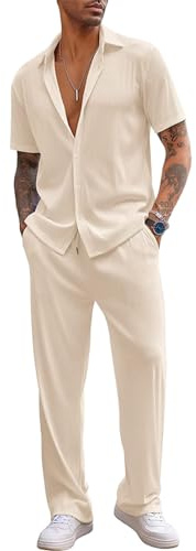 aromm Hombre 2 Piezas Trajes Casuales Manga Corta Camisa Abotonada & Drawstring Pantalón Suave Verano Traje Albaricoque, M