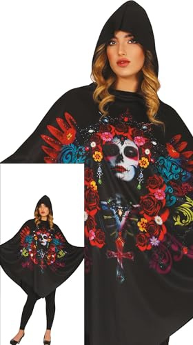 FIESTAS GUIRCA Dag of the Dead Poncho Dräkt för Kvinnor - Svart Poncho med Skalltryck - Halloween Kostymer för Kvinnor Storlek L