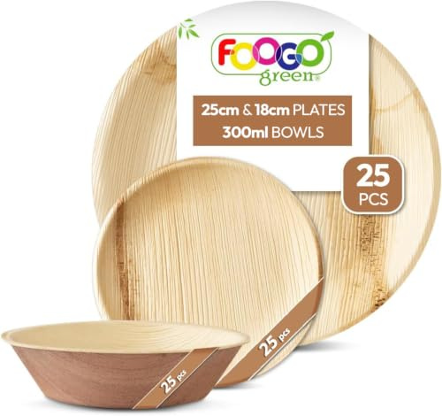 FOOGO Green 75pcs Palm Leaf Plates and Bowls, Round | 25x Large Round, 25x Small Plates, 25x Bowls, Bamboo, Biodegradable, Strong, Picnic Camping