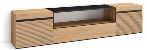Skraut Home | TV-Schrank, Lowboard | für Wohnzimmer und Esszimmer | 200x45x35cm | Für TV-Geräte bis zu 80 | Fernsehtisch | Moderner Stil | Eiche